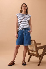 Longline Pleat Denim Short - Fresh Indigo