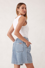 Longline Pleat Denim Short - Vintage Blue