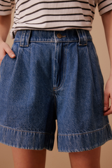 Pleat Front Short - Washed Indigo