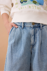 Longline Pleat Denim Short - Vintage Blue